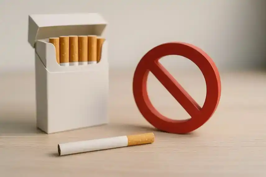 Eine offene Zigarettenschachtel mit mehreren Zigaretten, daneben ein rotes Verbotsschild auf einem hellen Holztisch.