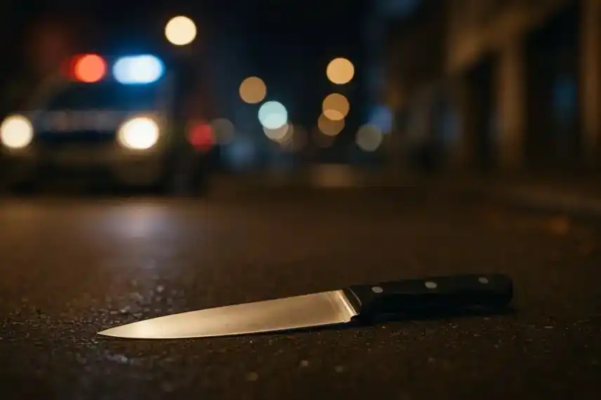 Ein Messer liegt auf einer nächtlich beleuchteten Straße, im Hintergrund sind unscharfe Polizeilichter zu sehen.