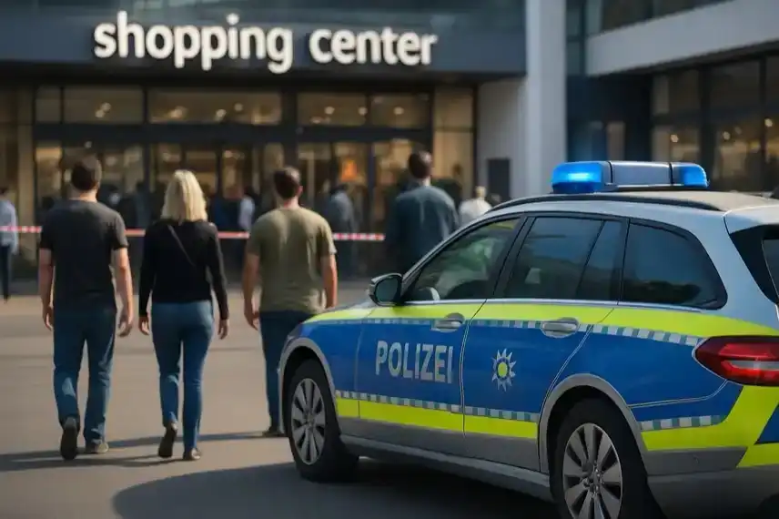 Polizeiauto steht vor einem modernen Einkaufszentrum, mehrere Menschen gehen in Richtung Eingang.