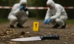 Forensiker in Schutzanzügen fotografieren und untersuchen ein Messer mit Spurenschild auf einem Waldweg.