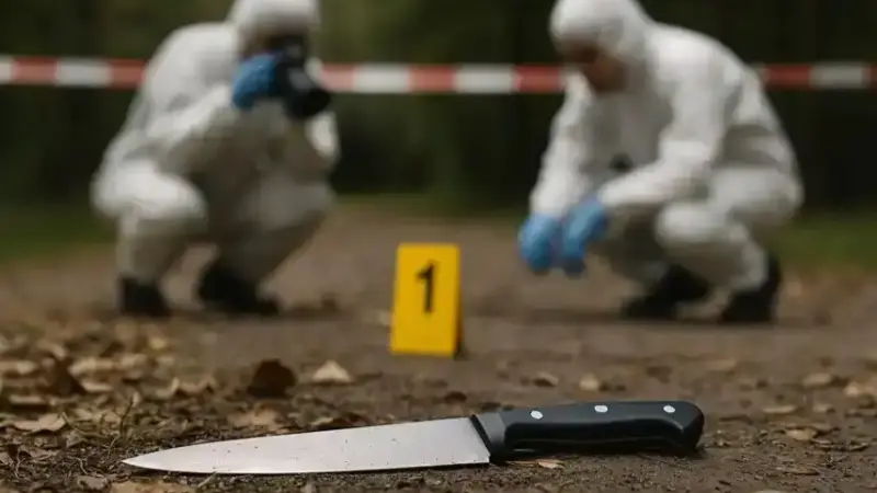 Forensiker in Schutzanzügen fotografieren und untersuchen ein Messer mit Spurenschild auf einem Waldweg.