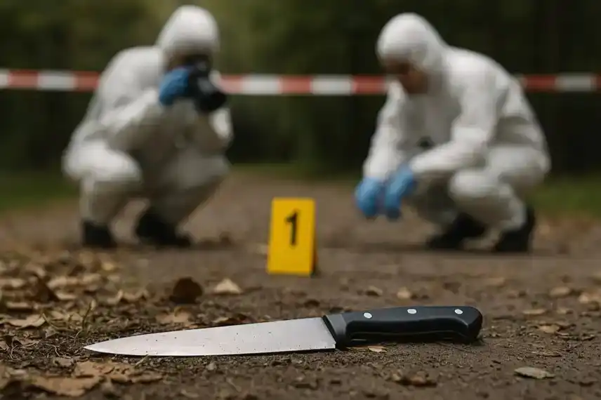 Forensiker in Schutzanzügen fotografieren und untersuchen ein Messer mit Spurenschild auf einem Waldweg.