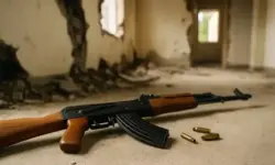 Ein Sturmgewehr mit Holzschaft liegt auf dem Boden eines beschädigten Raums, im Hintergrund sind Einschusslöcher und Licht aus einem Fenster zu sehen.