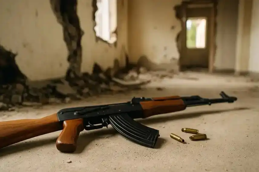 Ein Sturmgewehr mit Holzschaft liegt auf dem Boden eines beschädigten Raums, im Hintergrund sind Einschusslöcher und Licht aus einem Fenster zu sehen.