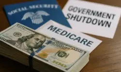 Ein Stapel 100-Dollar-Scheine liegt auf einem Holztisch, dahinter unscharf Dokumente mit den Aufschriften „Social Security“, „Medicare“ und „Government Shutdown“.