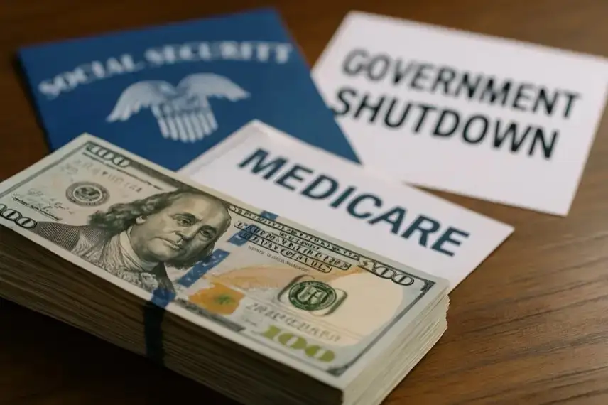 Ein Stapel 100-Dollar-Scheine liegt auf einem Holztisch, dahinter unscharf Dokumente mit den Aufschriften „Social Security“, „Medicare“ und „Government Shutdown“.