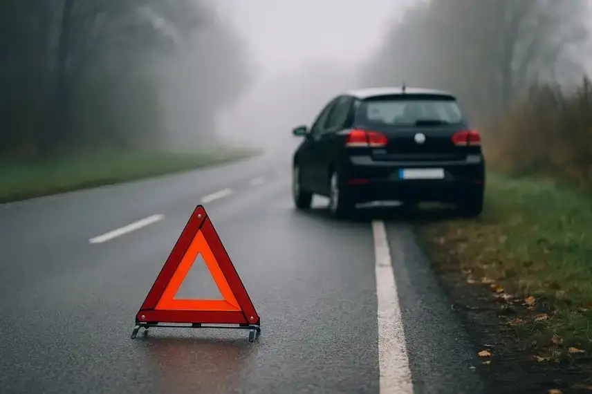 Ein Auto steht am Straßenrand einer nebligen Landstraße, im Vordergrund steht ein aufgestelltes rotes Warndreieck auf nasser Fahrbahn.