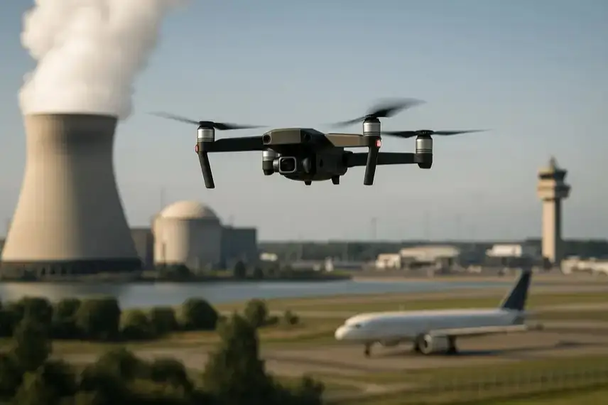 Drohne im Flug über einem Atomkraftwerk mit Kühltürmen und einem Flughafen im Hintergrund bei Tageslicht.