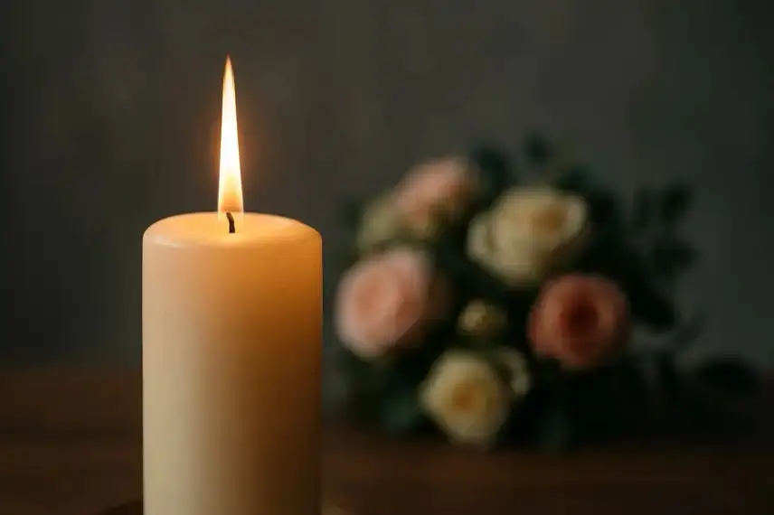 Eine einzelne brennende Kerze vor einem unscharfen Hintergrund mit Blumen.