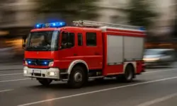 Brennende Wohnung in einem Mehrfamilienhaus, Flammen schlagen aus einem Fenster, Feuerwehrschlauch liegt auf der Straße.