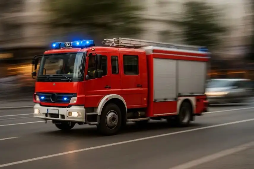 Brennende Wohnung in einem Mehrfamilienhaus, Flammen schlagen aus einem Fenster, Feuerwehrschlauch liegt auf der Straße.