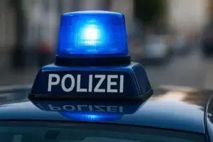 Nahaufnahme einer blauen Polizeisirene auf dem Dach eines Einsatzfahrzeugs, das Blaulicht leuchtet deutlich vor unscharfem Stadthintergrund.