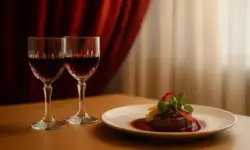 Zwei Weingläser mit Rotwein und ein Gourmetgericht auf einem weißen Teller vor rotem Vorhang und heller Tischdecke.