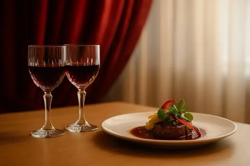 Zwei Weingläser mit Rotwein und ein Gourmetgericht auf einem weißen Teller vor rotem Vorhang und heller Tischdecke.