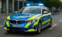 Ein Polizeiauto mit eingeschaltetem Blaulicht fährt auf einer Straße, fotografiert bei Tageslicht mit Bewegungsschärfe.