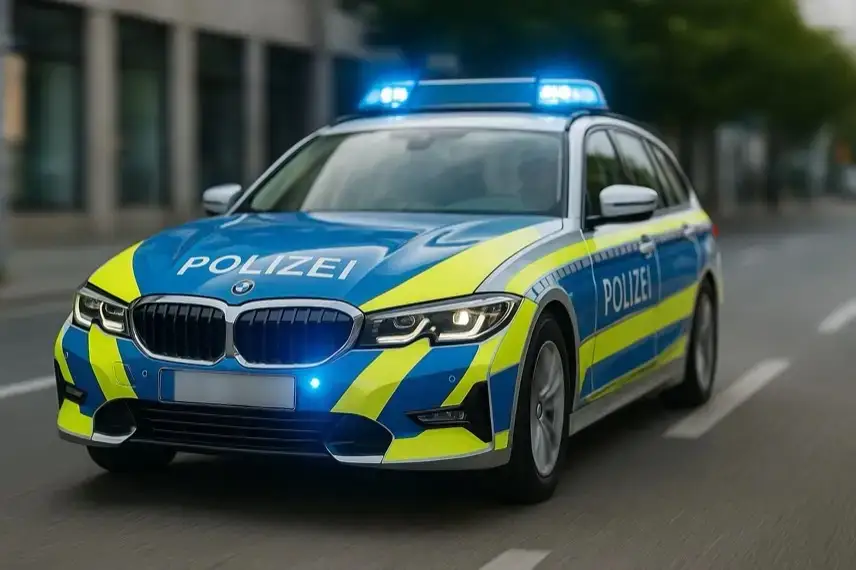 Ein Polizeiauto mit eingeschaltetem Blaulicht fährt auf einer Straße, fotografiert bei Tageslicht mit Bewegungsschärfe.