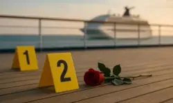 Rote Rose und gelbe Spurensicherungsmarkierungen auf einem Schiffsdeck, im Hintergrund unscharf ein Kreuzfahrtschiff auf dem Meer.