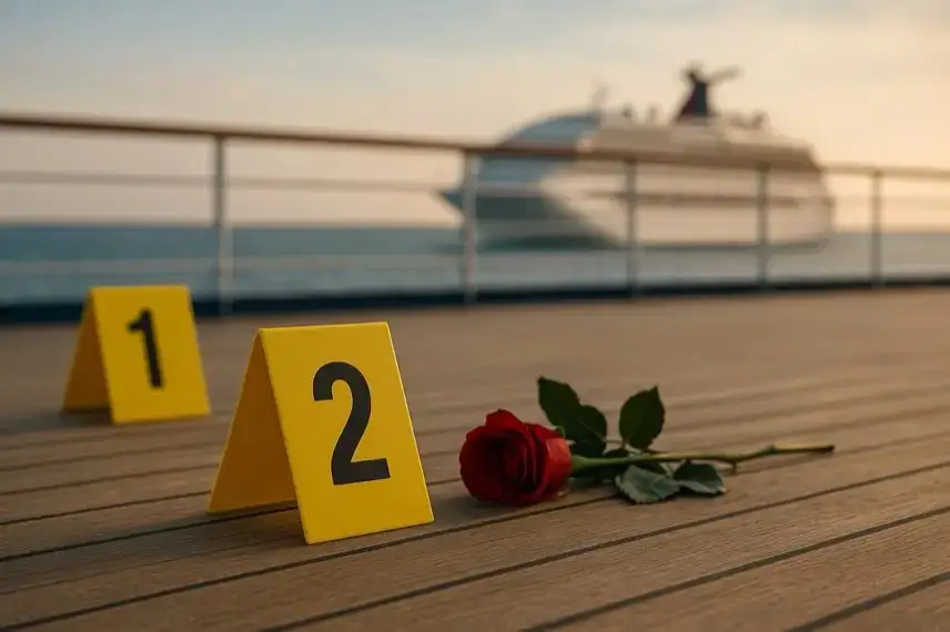 Rote Rose und gelbe Spurensicherungsmarkierungen auf einem Schiffsdeck, im Hintergrund unscharf ein Kreuzfahrtschiff auf dem Meer.
