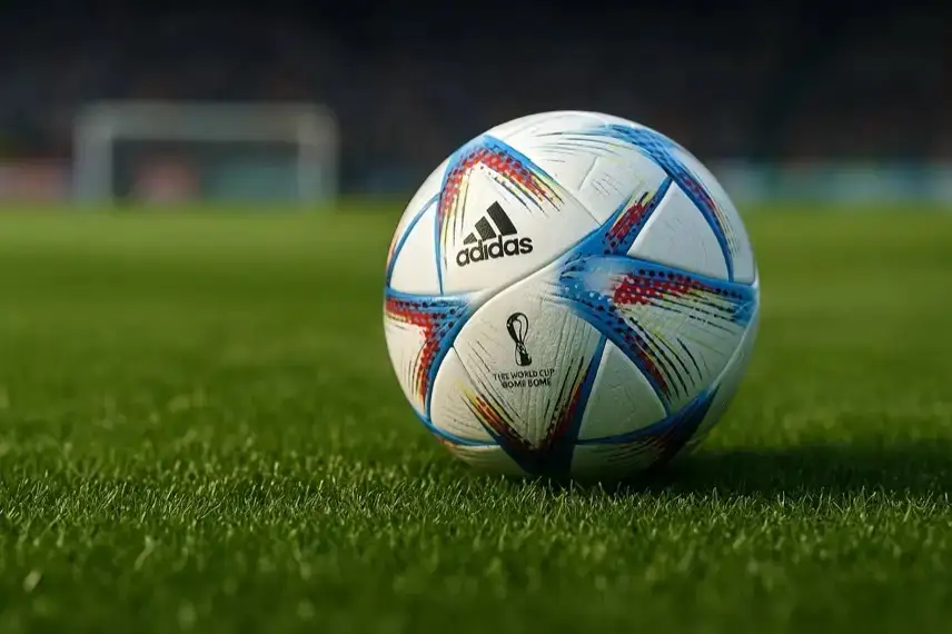 Nahaufnahme eines Fußballs auf grünem Rasen in einem leeren Stadion mit unscharfem Hintergrund.