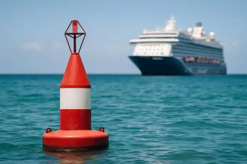 Rote Boje schwimmt im Meer, im Hintergrund unscharf ein großes Kreuzfahrtschiff unter blauem Himmel.