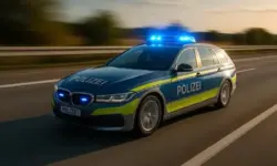 Ein deutsches Polizeiauto mit eingeschaltetem Blaulicht fährt mit hoher Geschwindigkeit auf einer mehrspurigen Autobahn.