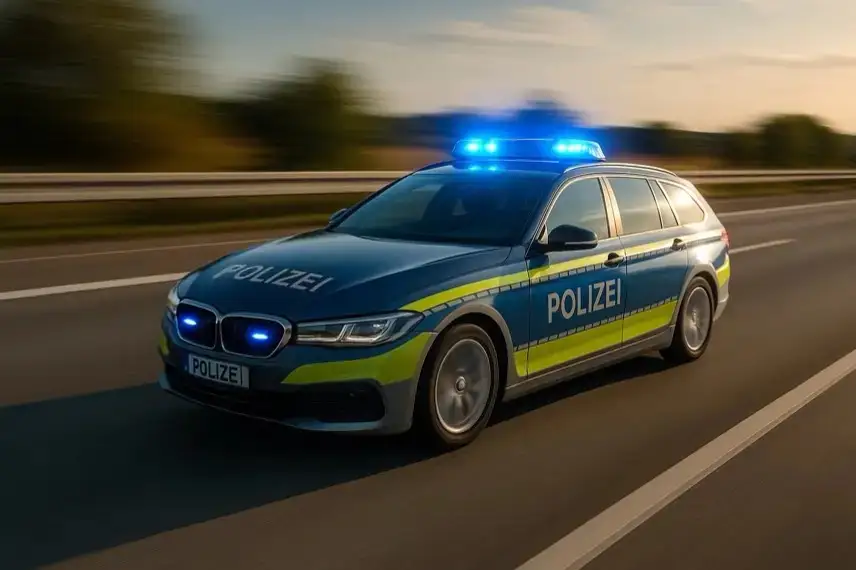 Ein deutsches Polizeiauto mit eingeschaltetem Blaulicht fährt mit hoher Geschwindigkeit auf einer mehrspurigen Autobahn.