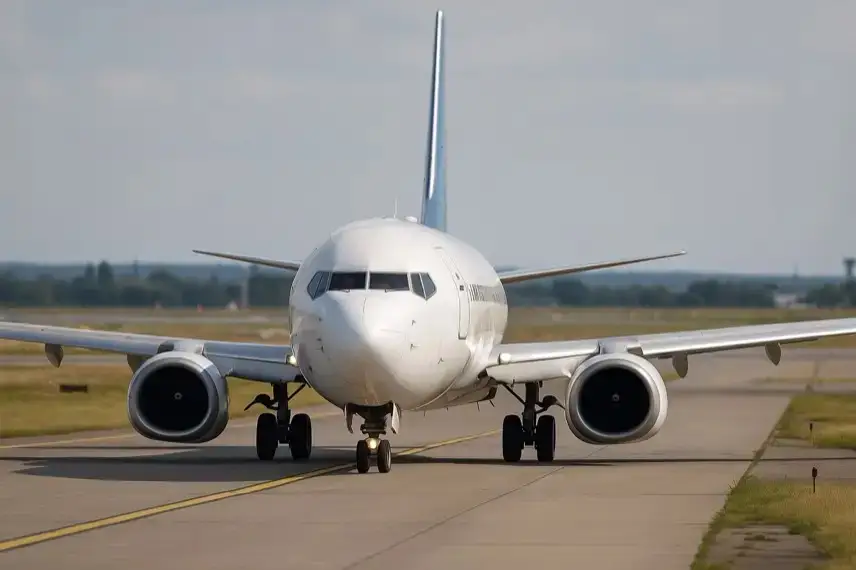 Ein Passagierflugzeug rollt auf dem Flughafen-Tarmac bei Tageslicht, frontal aufgenommen mit klarer Tiefenschärfe.