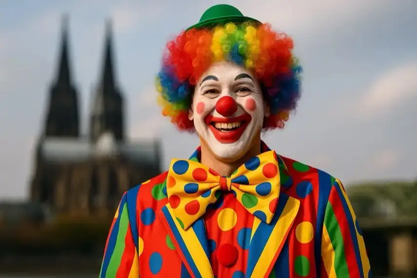 Ein Clown mit farbenfrohem Kostüm und Perücke steht draußen, im Hintergrund unscharf der Kölner Dom bei Tageslicht.