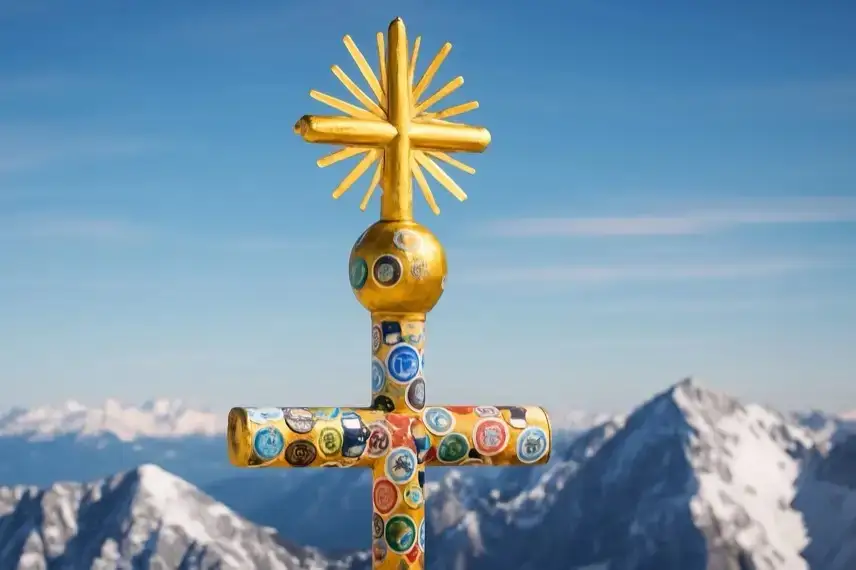 Ein goldenes Gipfelkreuz mit bunten Stickern vor schneebedeckten Bergen und blauem Himmel.