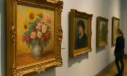 Ein heller Museumsraum mit mehreren goldgerahmten Ölgemälden an der Wand, aufgenommen mit Tiefenschärfe und natürlichem Licht.