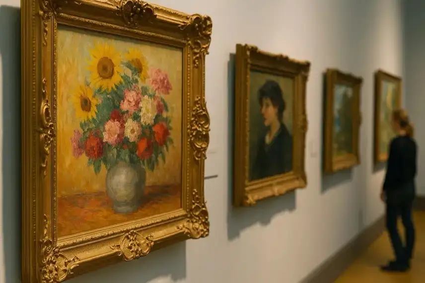 Ein heller Museumsraum mit mehreren goldgerahmten Ölgemälden an der Wand, aufgenommen mit Tiefenschärfe und natürlichem Licht.