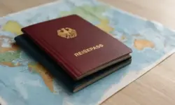 Zwei geschlossene Reisepässe liegen auf einer Weltkarte auf einem Holztisch.