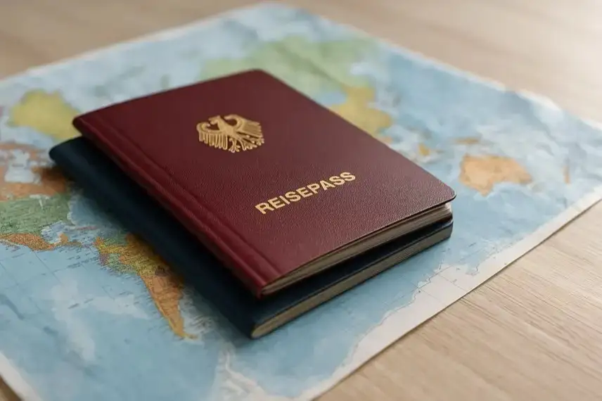 Zwei geschlossene Reisepässe liegen auf einer Weltkarte auf einem Holztisch.