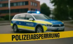 Gelbes Polizeiabsperrband mit der Aufschrift „Polizeiabsperrung“ im Vordergrund, unscharfer Polizeiwagen im Hintergrund.