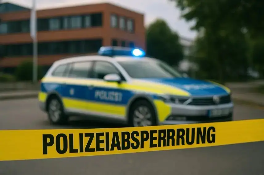 Gelbes Polizeiabsperrband mit der Aufschrift „Polizeiabsperrung“ im Vordergrund, unscharfer Polizeiwagen im Hintergrund.