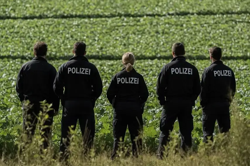 Fünf Polizisten in Uniform stehen auf einem grünen Feld mit dem Rücken zur Kamera und blicken in die Ferne.