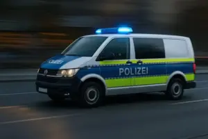 Ein deutscher Polizeibus mit blau-gelber Markierung fährt bei eingeschaltetem Blaulicht auf einer Straße, der Hintergrund ist leicht verschwommen.