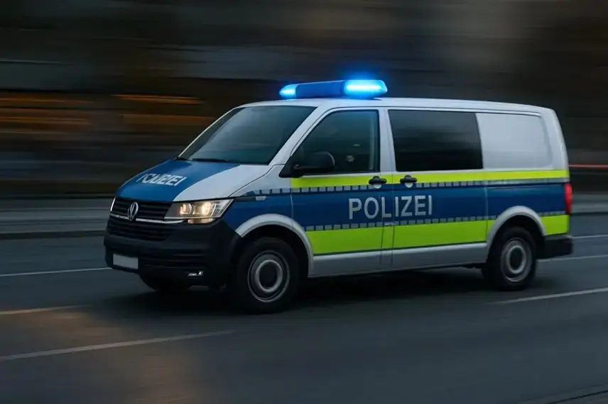 Ein deutscher Polizeibus mit blau-gelber Markierung fährt bei eingeschaltetem Blaulicht auf einer Straße, der Hintergrund ist leicht verschwommen.