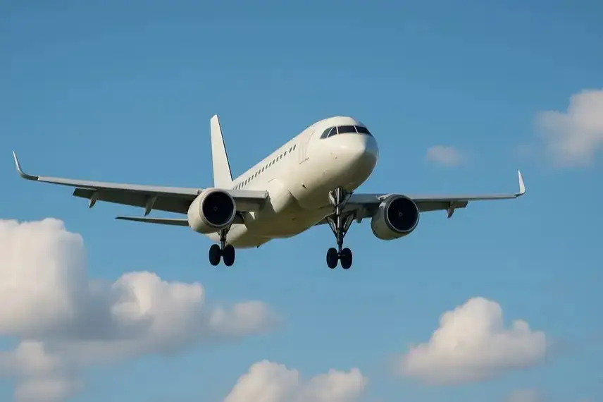 Ein weißes Passagierflugzeug fliegt am Himmel mit ausgefahrenem Fahrwerk, vor einem Hintergrund aus blauen Wolken.