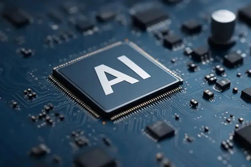 Nahaufnahme eines Computerchips mit der Aufschrift „AI“ auf einer blauen Leiterplatte, umgeben von elektronischen Bauteilen.