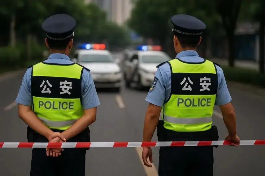 Zwei chinesische Polizisten stehen mit dem Rücken zur Kamera vor einer Absperrung, hinter ihnen Polizeiautos mit eingeschalteten Blaulichtern.