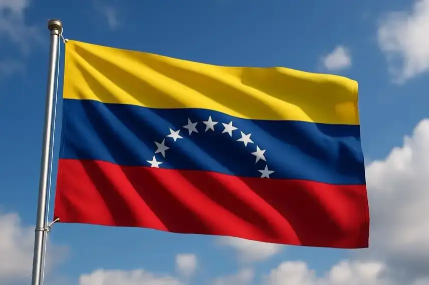 Die venezolanische Flagge mit gelben, blauen und roten Streifen weht im Wind vor einem leicht bewölkten Himmel.