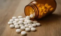 Nahaufnahme einer braunen Pillenflasche, aus der weiße Tabletten auf eine Holzoberfläche fallen.