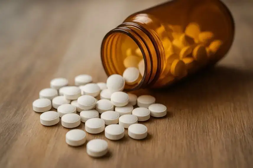 Nahaufnahme einer braunen Pillenflasche, aus der weiße Tabletten auf eine Holzoberfläche fallen.