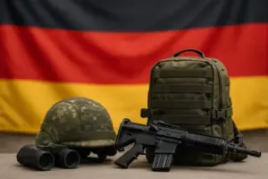 Militärhelm, Fernglas, Rucksack und Gewehr liegen vor einer unscharfen deutschen Flagge.