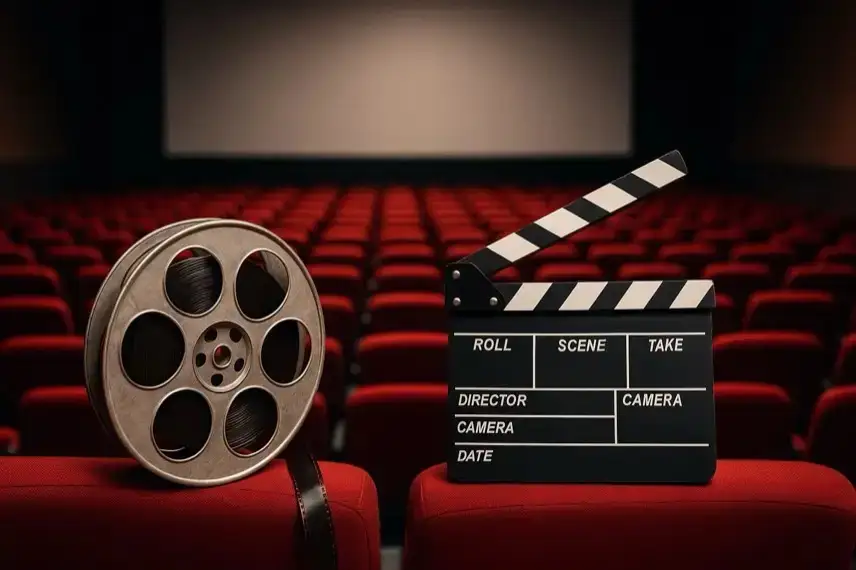 Nahaufnahme einer blau bemalten, fiktiven Figur neben einer Filmklappe, fotorealistisch inszeniert als neutrales Symbolmotiv.