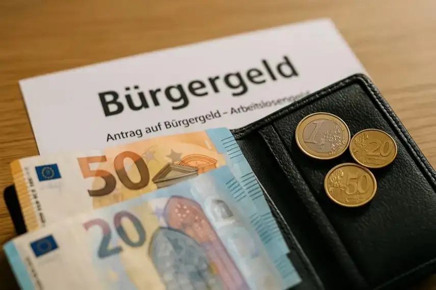 Offene Geldbörse mit Euro-Scheinen und Münzen neben einem Formular mit der Aufschrift „Bürgergeld“.
