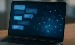 Ein Laptop auf einem Holztisch mit einem Display, das Chatblasen und ein abstraktes Netzwerkdiagramm zeigt.