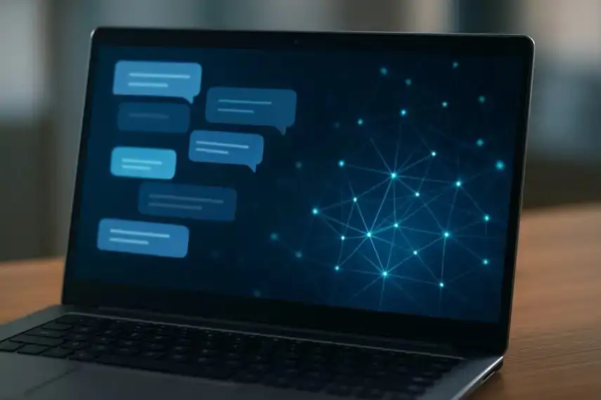 Ein Laptop auf einem Holztisch mit einem Display, das Chatblasen und ein abstraktes Netzwerkdiagramm zeigt.