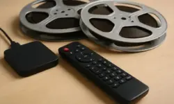 Streaming-Fernbedienung, schwarzes Streaming-Gerät und zwei Filmrollen auf einer Holzoberfläche in heller, fotorealistischer Studioausleuchtung.